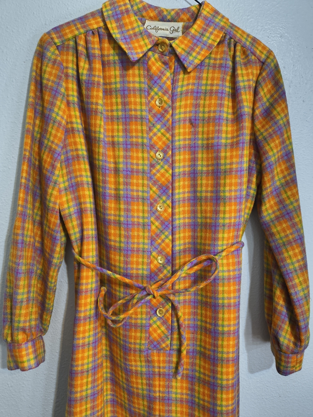 Vintage California Girl Plaid Shirt Dress M/L Orange Purple 60s 70s - Picture 10 of 10